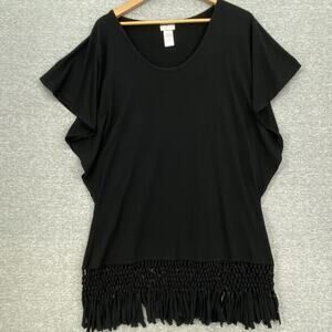 Dotti Blouse Womens Small Black Fringe Dolman Short Sleeve Boho Festival Tunic